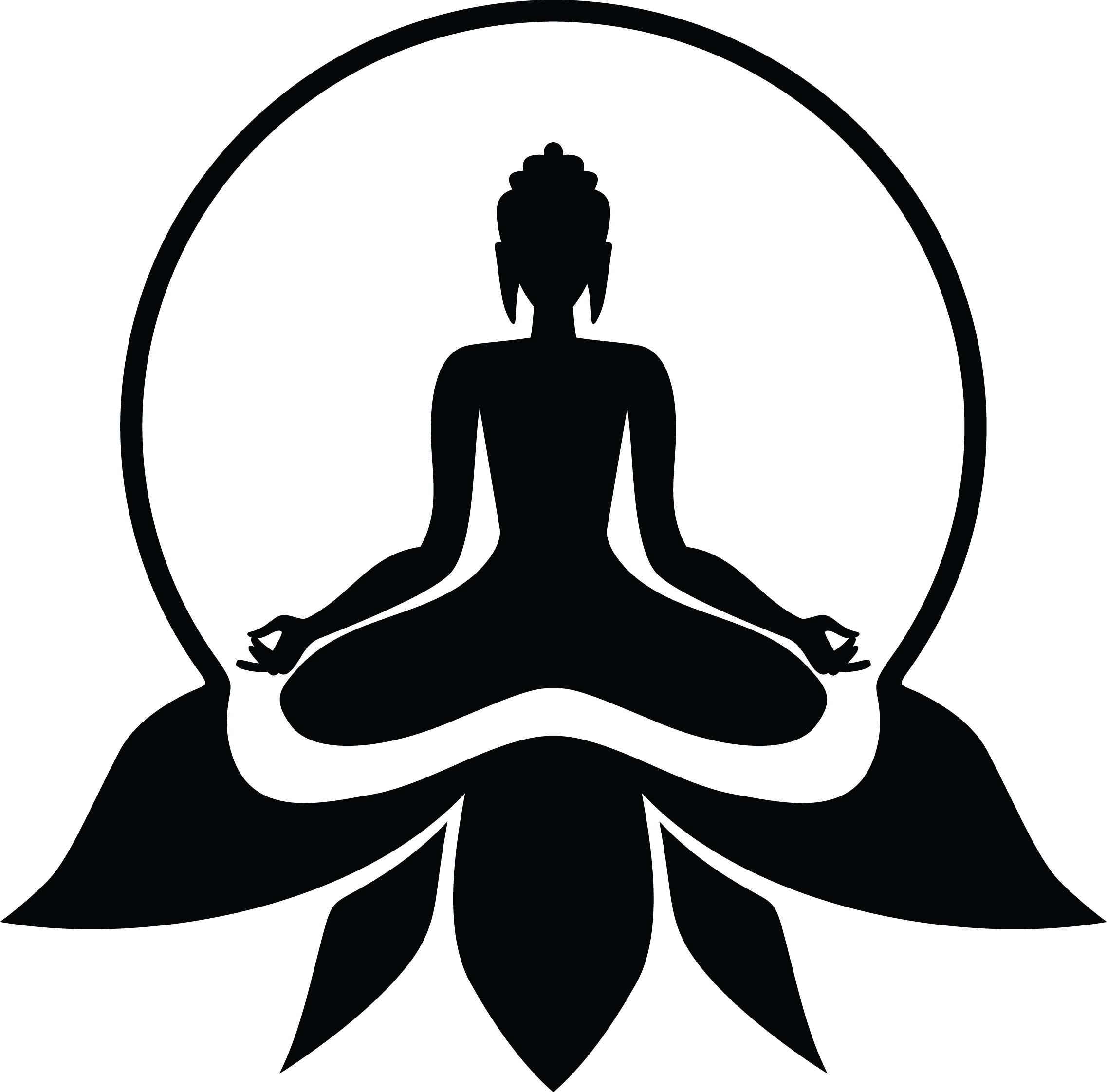 Black silhouette of a man who crossed his legs in a meditative pose. He is sitting in a large lotus flower with an aura around him.